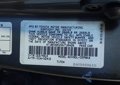 2003 Toyota Camry Le from USA, damaged, VIN 4T1BE32K23U718426